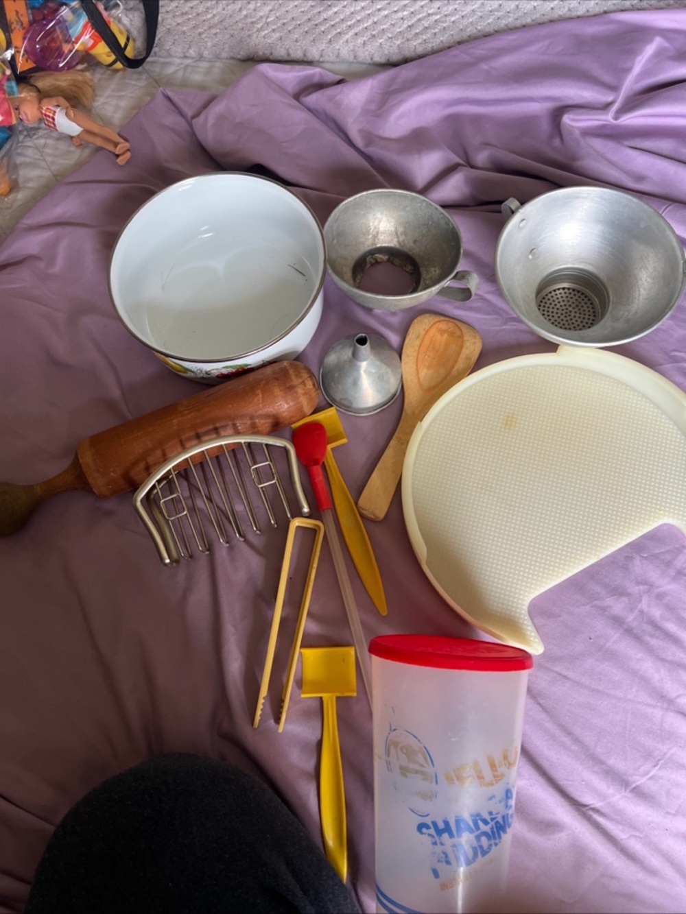 Vintage Assorted Kitchen Tools Set in White, Yellow, Red, Wood, Silver